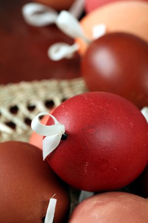 Red and brown Easter egg shellsの写真素材