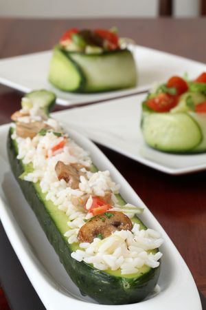 Mushroom risotto in a cucumber bowlの写真素材