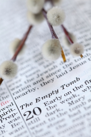 Open Bible with focus on the text in John 20: Empty tombの写真素材