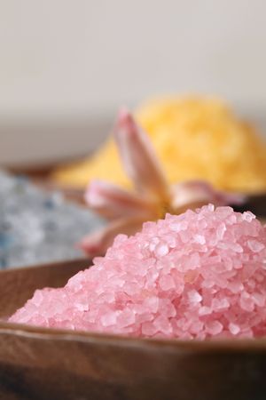 Bath salt in wooden bowlsの写真素材