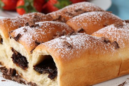 Traditional Czech sweet yeast buns stuffed with jamの写真素材