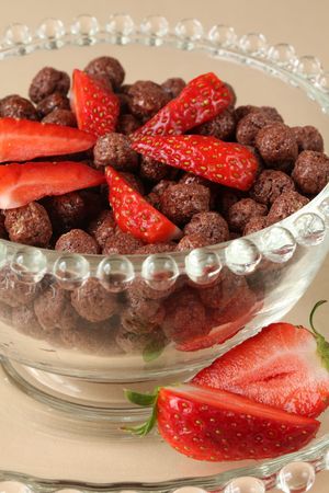 Chocolate cereals with strawberriesの写真素材