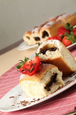 Traditional Czech sweet yeast buns stuffed with jamの写真素材