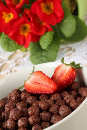 Chocolate cereals with strawberriesの写真素材