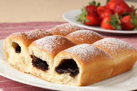 Traditional Czech sweet yeast buns stuffed with jamの写真素材