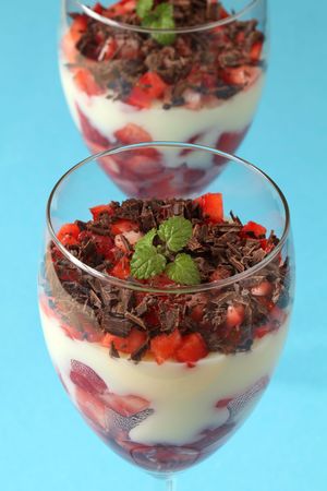Strawberry and chocolate dessert with vanilla custardの写真素材