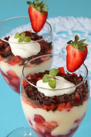 Strawberry and chocolate dessert with vanilla custardの写真素材