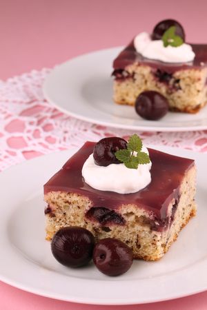 Refreshing cherry cake with jelly and sour creamの写真素材