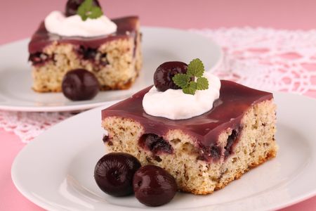 Refreshing cherry cake with jelly and sour creamの写真素材