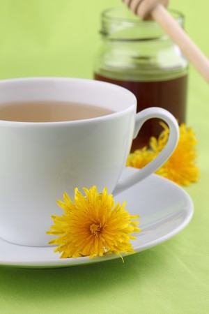 Herbal tea made from freshly picked dandelions with honeyの写真素材