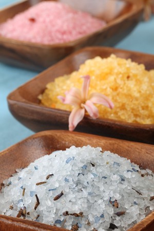 Bath salt in wooden bowlsの写真素材