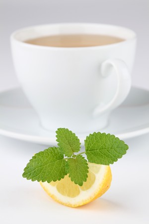 Lemon balm tea with lemonの写真素材