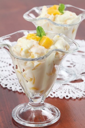 Yogurt dessert with peaches and mintの写真素材