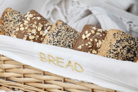 Wholemeal bread. Focus on the embroidered word "bread"の写真素材