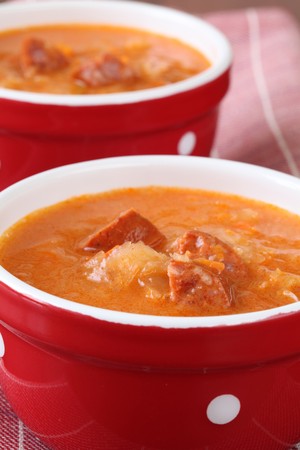 Cabbage soup made from sauerkraut with red pepperの写真素材