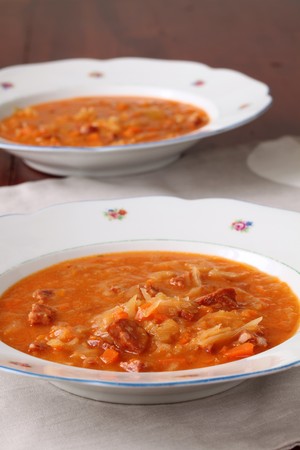 Cabbage soup made from sauerkraut with red pepperの写真素材