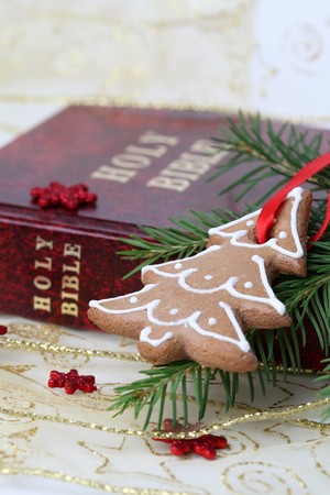 Christmas gingerbread and the Bibleの写真素材
