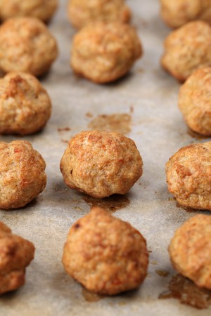 Roast meatballs on baking sheet. Shallow DOFの写真素材