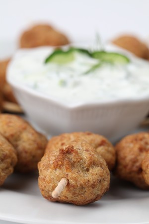 Roast meatballs on skewers and tzatziki dip. Shallow DOFの写真素材