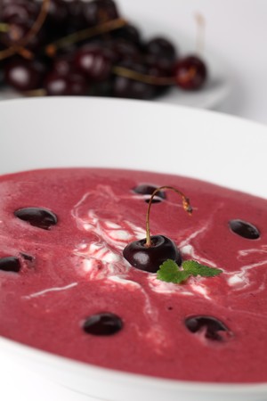 Refreshing cherry cream soup with sour cream. Shallow dofの写真素材