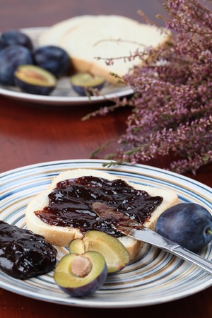 Sandwich with plum jam and fresh plums. Shallow dofの写真素材