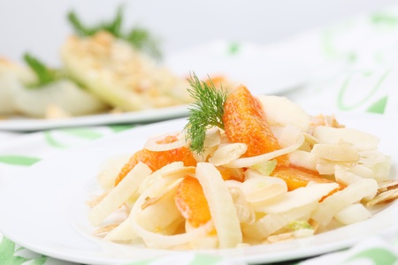 Fennel salad with oranges, almonds, apples, and onion. Shallow dofの写真素材