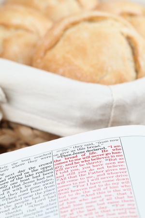 Bible open to John 6:35. Jesus being the bread of life. Shallow dofの写真素材