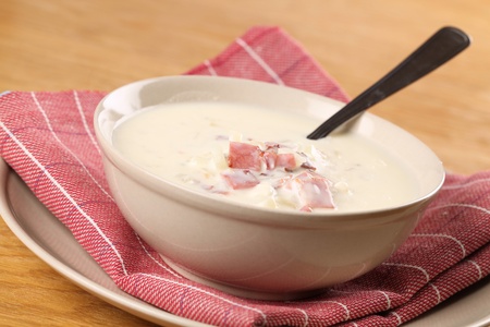 Cream cheese soup with bacon. Shallow dofの写真素材