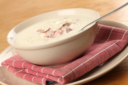 Cream cheese soup with bacon. Shallow dofの写真素材