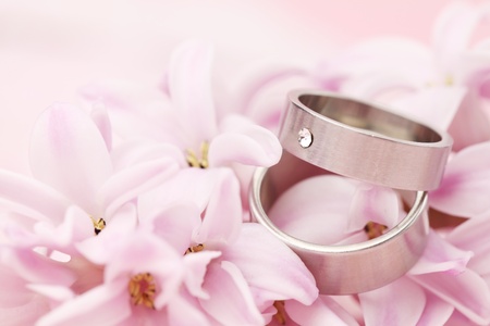 Titanium wedding rings on pink background with hyacinth  Shallow dofの写真素材