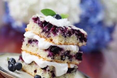Delicious homemade blueberry cake with whipped cream  Shallow DOFの写真素材