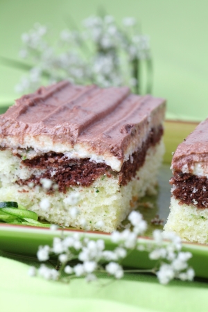Zucchini cake with vanilla cream and chocolate sour cream glaze  Shallow dofの写真素材