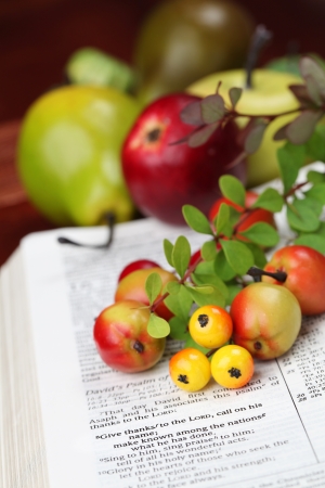 Thanksgiving arrangement with the Bible open to 1 Chronicles 16 8の写真素材