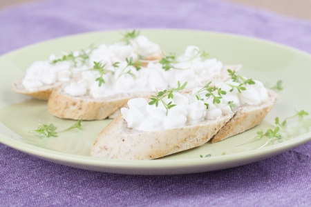 Healthy canapes with cottage cheese and cressの写真素材