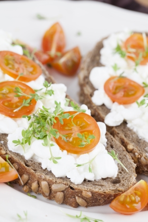 Healthy sandwiches with cottage cheese, cress and cherry tomatoesの写真素材