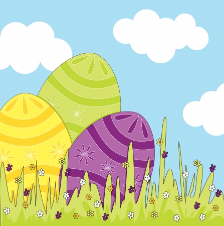 Colorful Easter eggs in grass  Fully, easily editable  illustration that can be used at any size  Included files   JPG  No gradients, no transparencies のイラスト素材