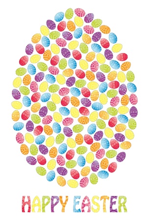Easter egg made of many small Easter eggs with the note Happy Easter  Fully, easily editable illustration that can be used at any size  Included files, JPG  Text converted to paths, no transparenciesのイラスト素材