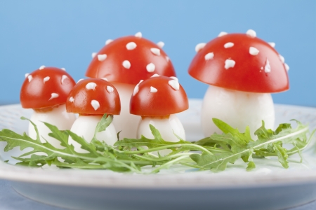 Fly agaric mushrooms made from tomatoes and chicken and quail eggsの写真素材
