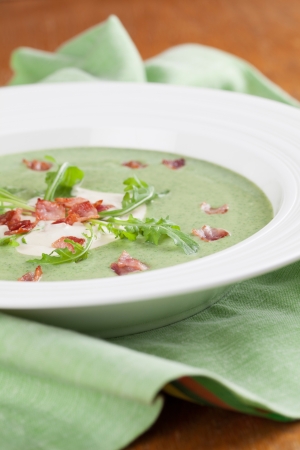 Arugula cream soup with bacon  Shallow dofの写真素材