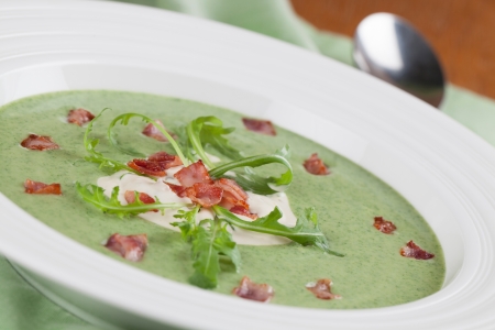 Arugula cream soup with bacon  Shallow dofの写真素材