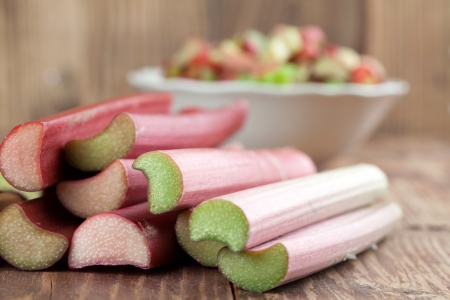 Fresh rhubarb on wooden background  Shallow dofの写真素材