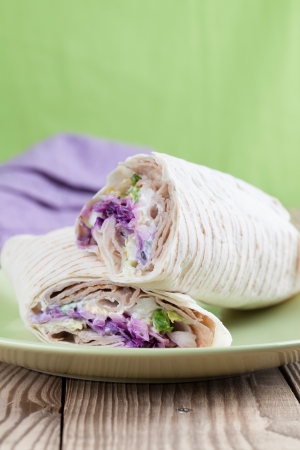 Tortilla wraps with kebab, tzatziki and fresh saladの写真素材