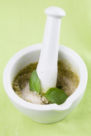 Freshly made basil sugar for dessert and ice cream decorations  Picture can also be used as basil salt or herb salt の写真素材