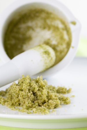 Freshly made basil sugar for dessert and ice cream decorations  Picture can also be used as basil salt or herb salt の写真素材