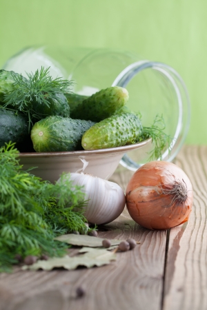 Bowl with fresh cucumbers, dill, garlic, onion, bay leaf and allspice ingredients for pickle makingの写真素材