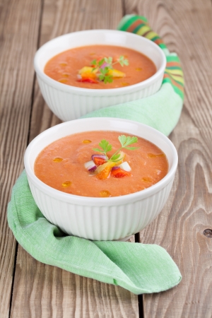 Healthy, delicious and refreshing Spanish cold soup gazpacho in bowlsの写真素材