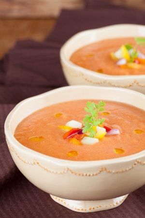 Healthy, delicious and refreshing Spanish cold soup gazpacho in bowlsの写真素材