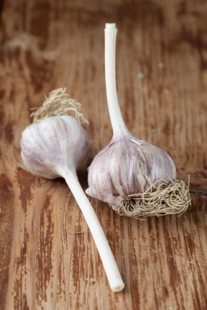 Organic garlic on wooden tableの写真素材