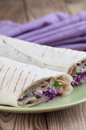 Tortilla wraps with kebab, tzatziki and fresh saladの写真素材