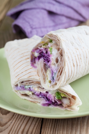 Tortilla wraps with kebab, tzatziki and fresh saladの写真素材